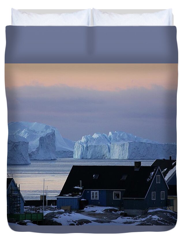 Iceberg Duvet Cover featuring the photograph Colourful Houses And Blue Icebergs In #1 by Timothy Allen