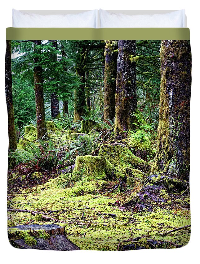 Close Up Duvet Cover featuring the photograph Forest Understory Yellow Green Moss by Robert C Paulson Jr