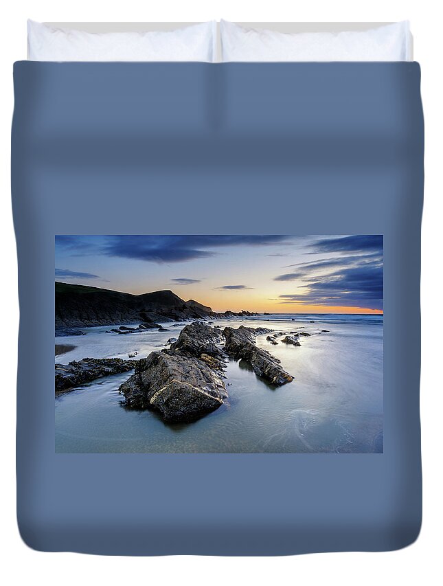 England Duvet Cover featuring the photograph Crackington Haven Sunset, Cornwall #1 by Chrishepburn