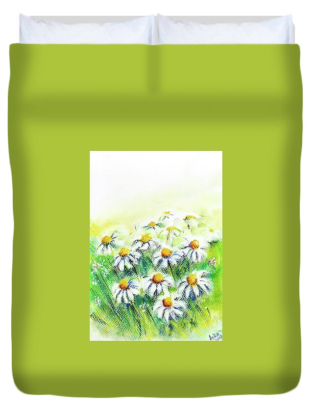 Daisies Duvet Cover featuring the drawing Daisies #1 by Asha Sudhaker Shenoy