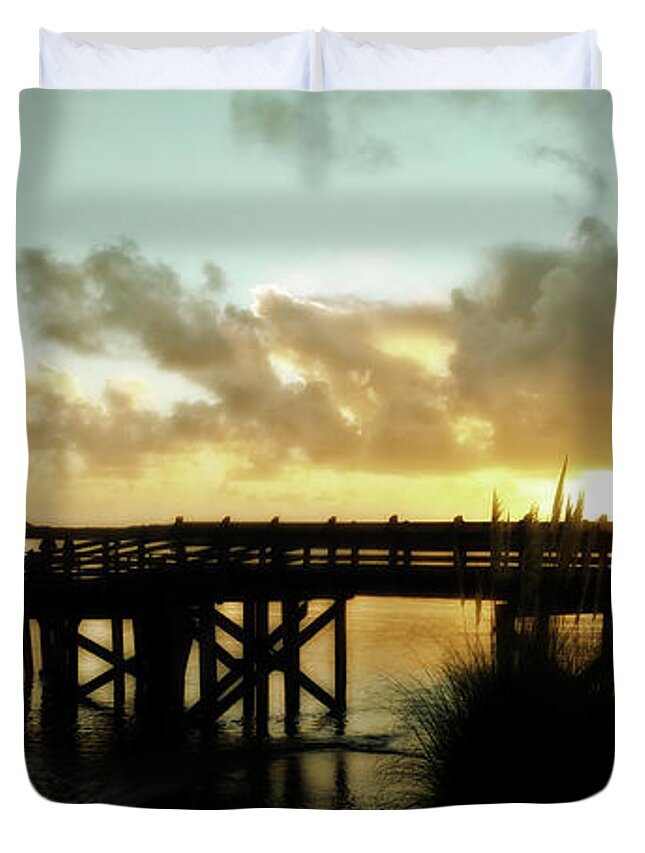 Sunset Duvet Cover featuring the photograph Dock of the Bay #1 by Bonnie Bruno