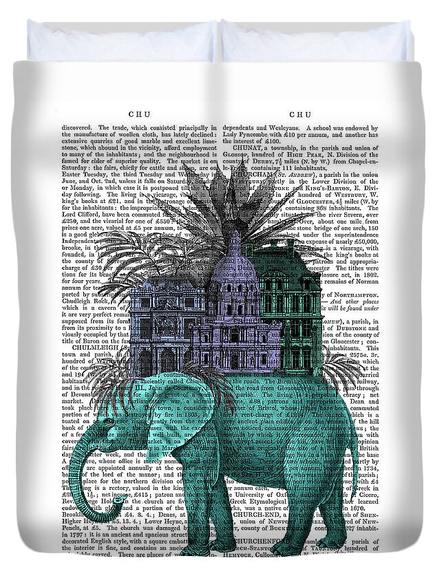 Steampunk Duvet Cover featuring the painting Elephant And Citadel by Fab Funky