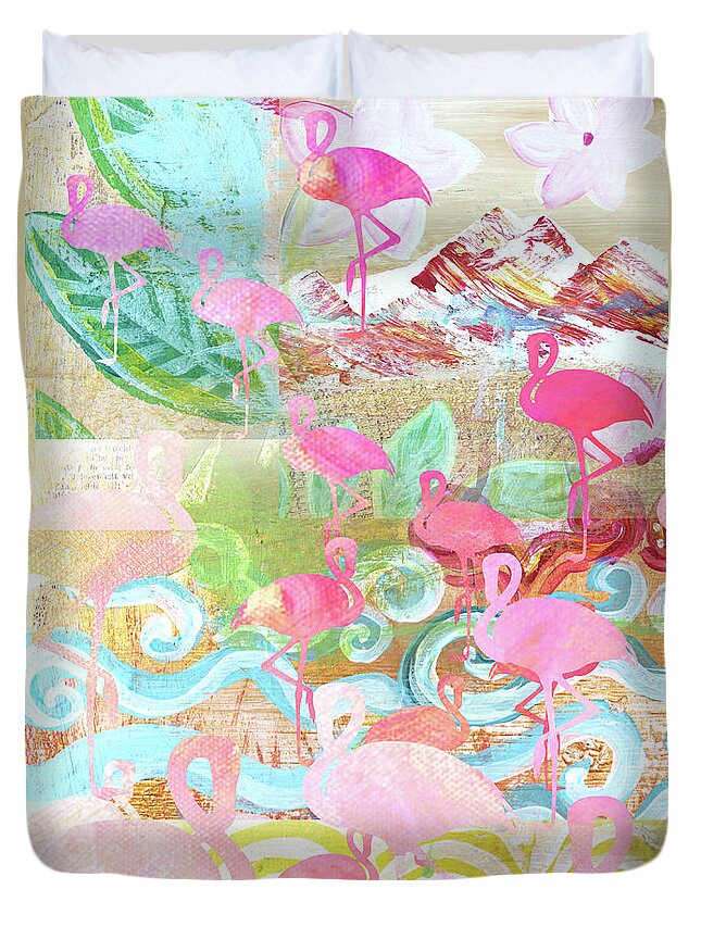 Flamingo Collage Duvet Cover featuring the mixed media Flamingo Collage by Claudia Schoen