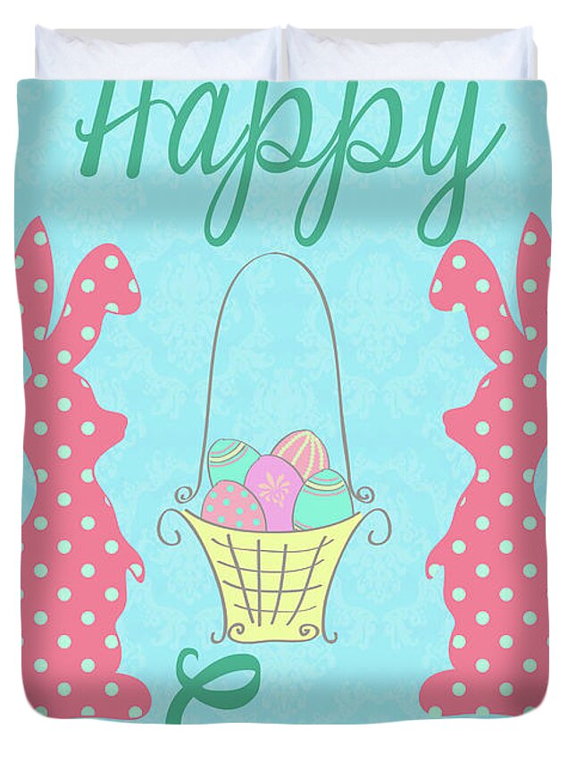 Easter Duvet Cover featuring the mixed media Happy Easter Bunnies #1 by Andi Metz
