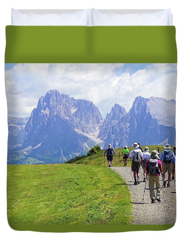 Italy Duvet Cover featuring the photograph Hikers walking towards the Langkofel #1 by Steve Estvanik