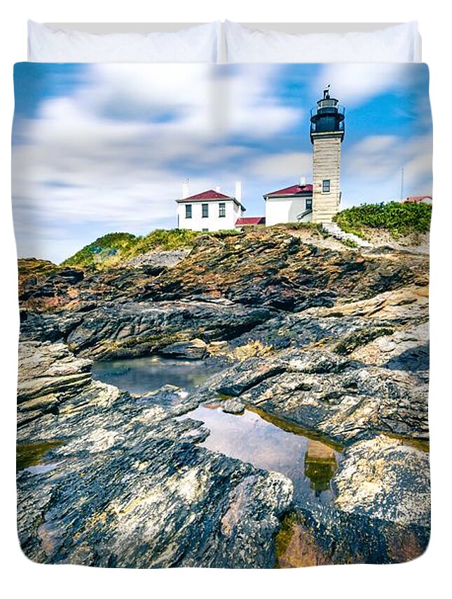 Light Duvet Cover featuring the photograph Historic Beavertail Lighthouse jamestown rhode island #1 by Alex Grichenko