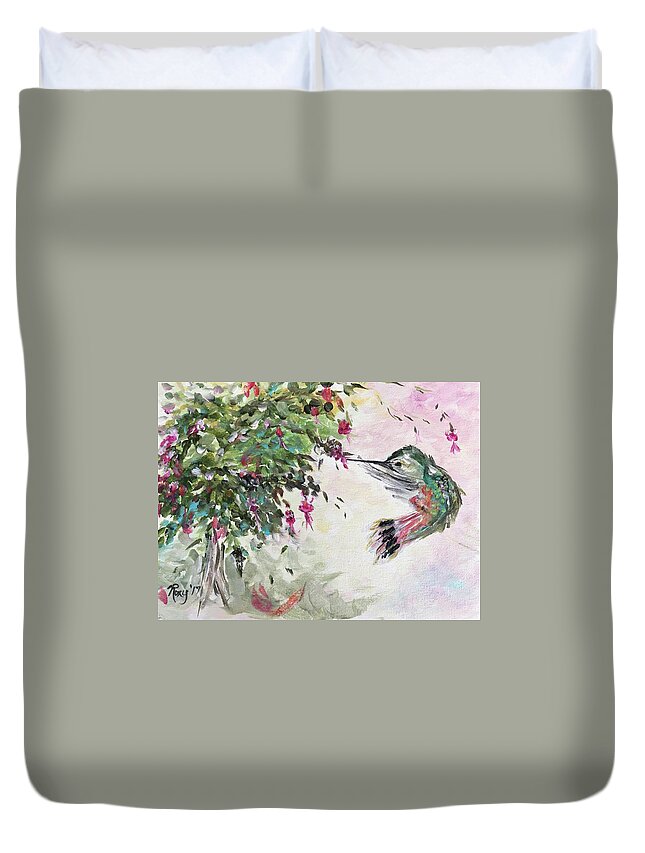 Hummingbird Duvet Cover featuring the painting Hummingbird with Fuchsias by Roxy Rich