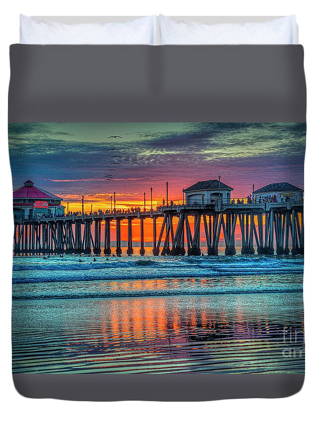 Huntington Beach Duvet Cover featuring the photograph Huntington Beach Pier Sunset by David Zanzinger