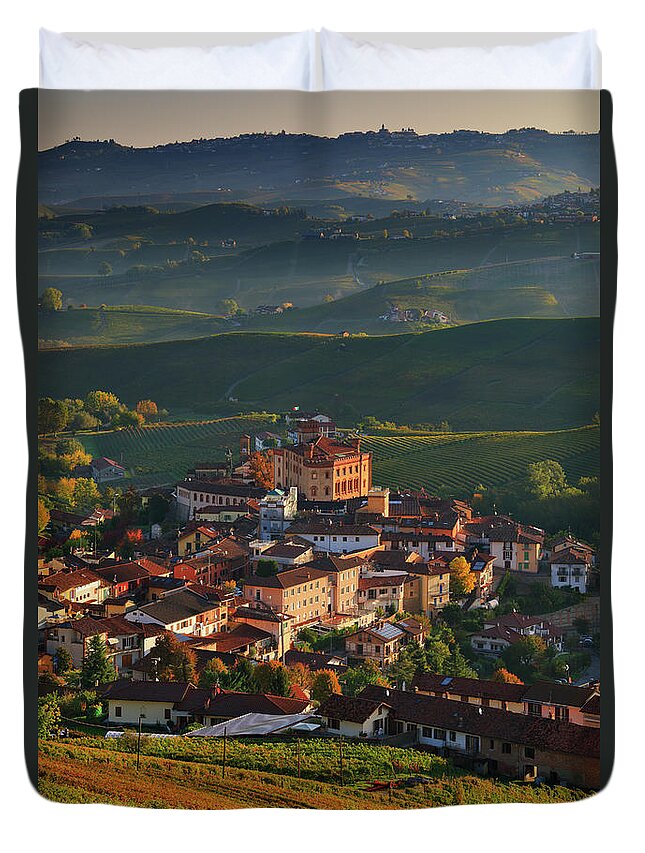Estock Duvet Cover featuring the digital art Italy, Piedmont, Cuneo District, Strada Del Tartufo Bianco, Colline Del Barolo, Langhe, Barolo, View Towards The Village And Its Castle Surrounded By Nebbiolo Da Barolo Vineyards #1 by Riccardo Spila