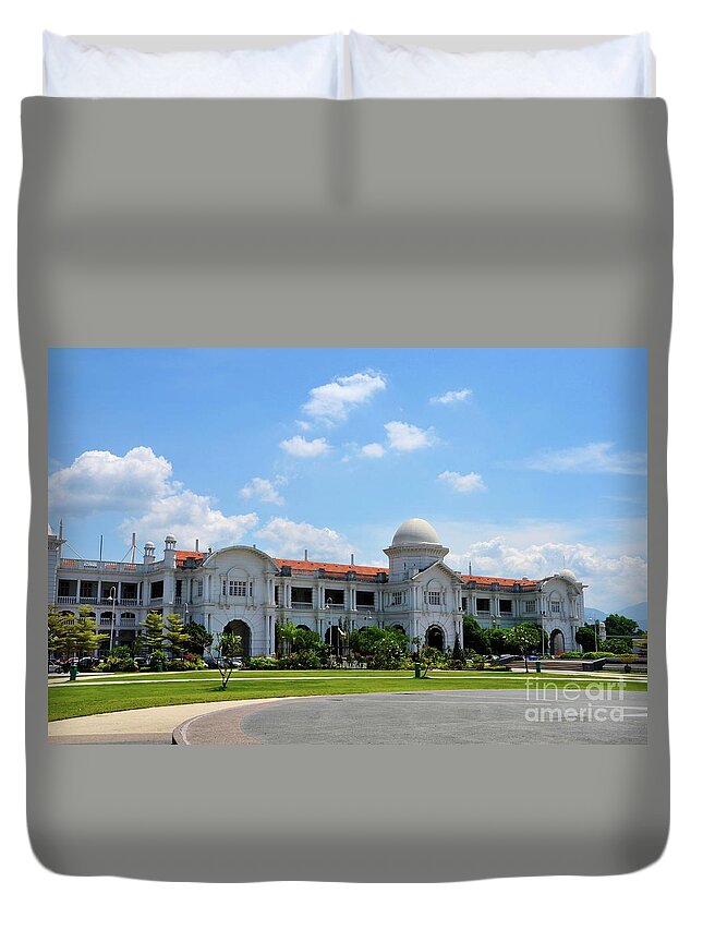 Architecture Duvet Cover featuring the photograph KTM railway colonial train station building with gardens Ipoh Malaysia #2 by Imran Ahmed