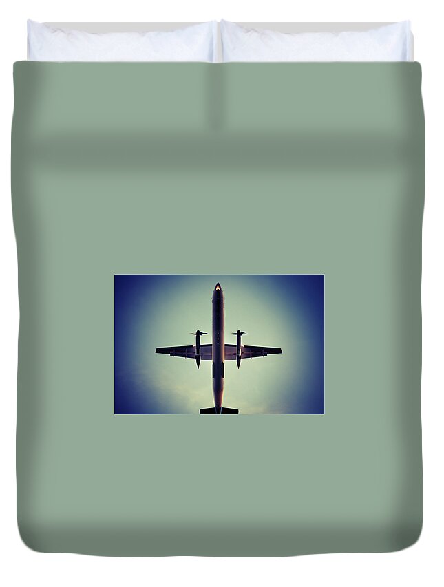 Engine Duvet Cover featuring the photograph Landing Airplane At Dusk #1 by Ollo
