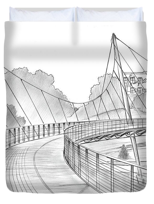 Liberty Bridge Duvet Cover featuring the drawing Liberty Bridge by Greg Joens