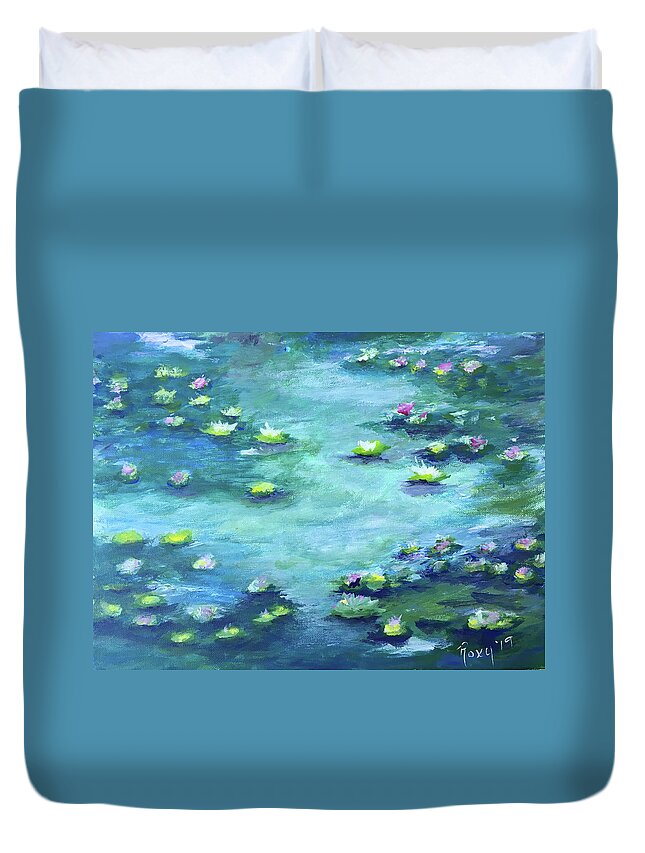 Water Lilies Duvet Cover featuring the painting Lily Pond by Roxy Rich