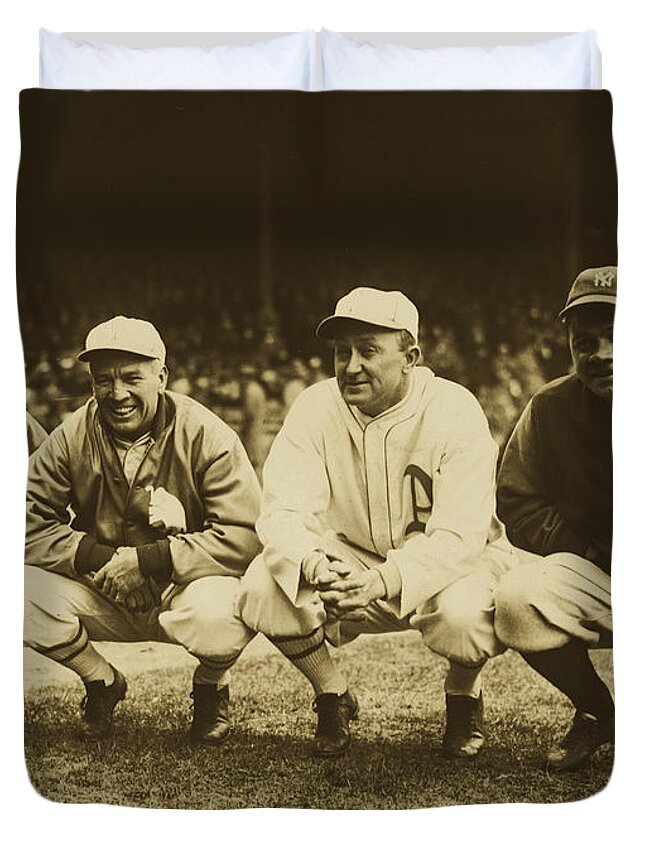 Lou Gehrig Duvet Cover featuring the photograph Lou Gehrig, Tris Speaker, Ty Cobb, And Babe Ruth 1928 #1 by Mountain Dreams