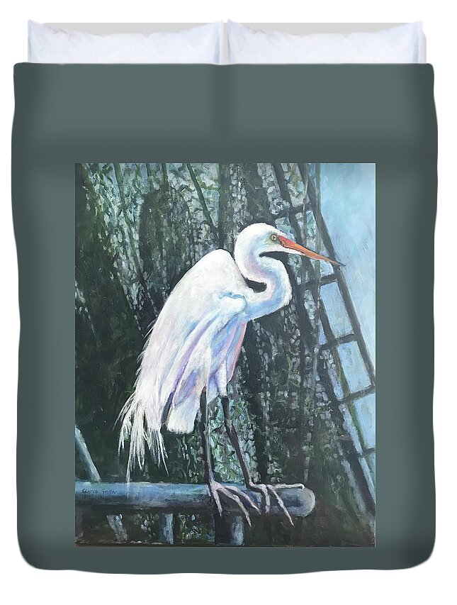 Egret Duvet Cover featuring the painting Lunch Time by Gloria Smith