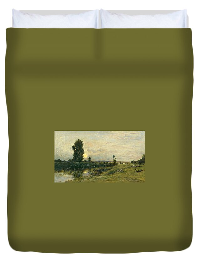 Nature Duvet Cover featuring the painting Moonrise on the Banks of the River Oise - Daubigny, Charles-Francois #1 by Celestial Images