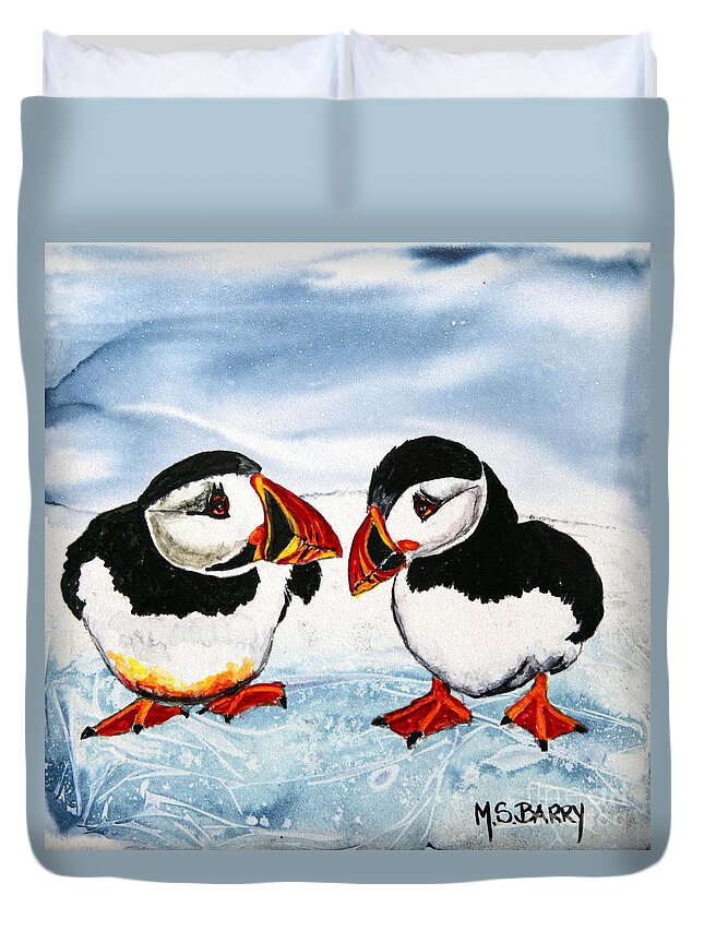 Puffin Duvet Cover featuring the painting Mr And Mrs #1 by Maria Barry