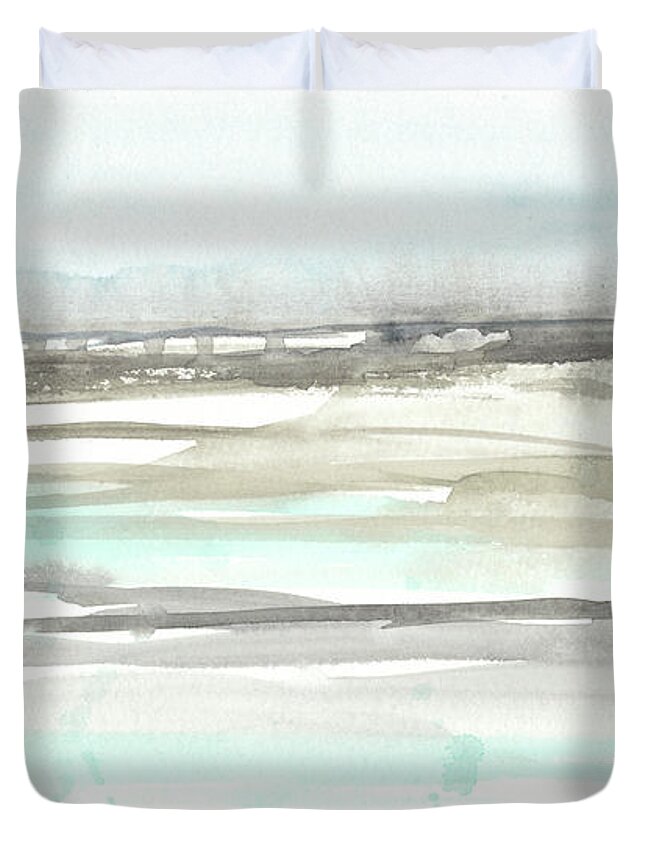 Abstract Duvet Cover featuring the painting Neutral Mint Horizon I by Jennifer Goldberger