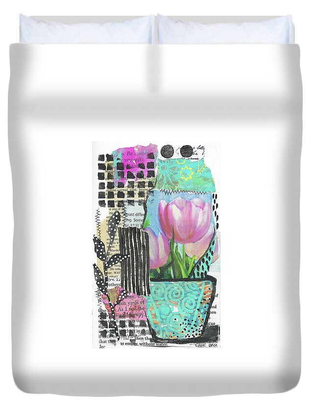 Mixed Media Duvet Cover featuring the mixed media Pink Tulips Mixed Media Collage Original by Cheri Wollenberg by Cheri Wollenberg