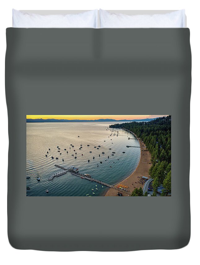 Lake Tahoe Duvet Cover featuring the photograph Orange Sunset Sky Lake Tahoe #1 by Anthony Giammarino