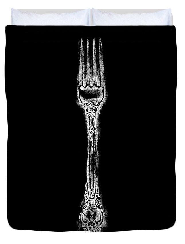 Kitchen Duvet Cover featuring the painting Ornate Cutlery On Black I by Ethan Harper