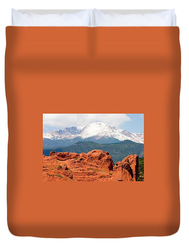 Snow Duvet Cover featuring the photograph Pikes Peak And Garden Of The Gods by Swkrullimaging