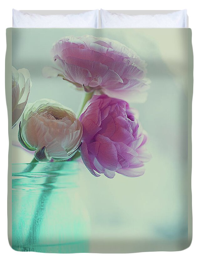 Vase Duvet Cover featuring the photograph Pink And White Ranunculus Flowers In #1 by Isabelle Lafrance Photography