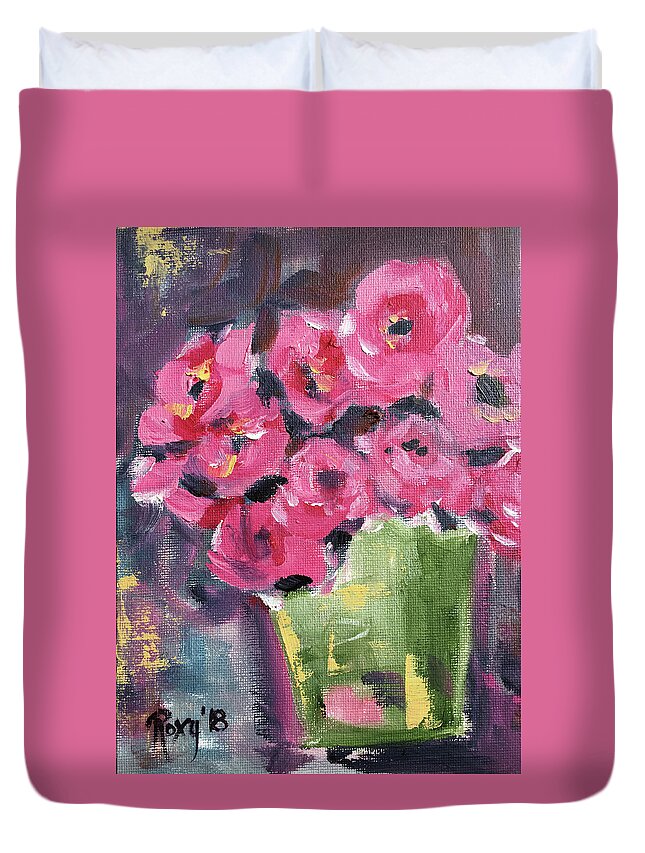 Roses Duvet Cover featuring the painting Pink Roses in a Green Bucket by Roxy Rich