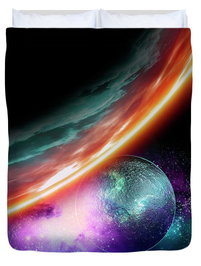 Dust Duvet Cover featuring the digital art Planet And Its Moon, Artwork #1 by Victor Habbick Visions