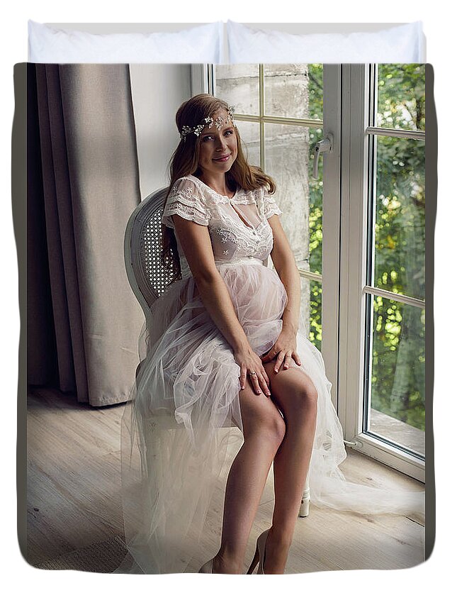 Pregnant Girl In White Dress Sitting On A Chair #1 Duvet Cover