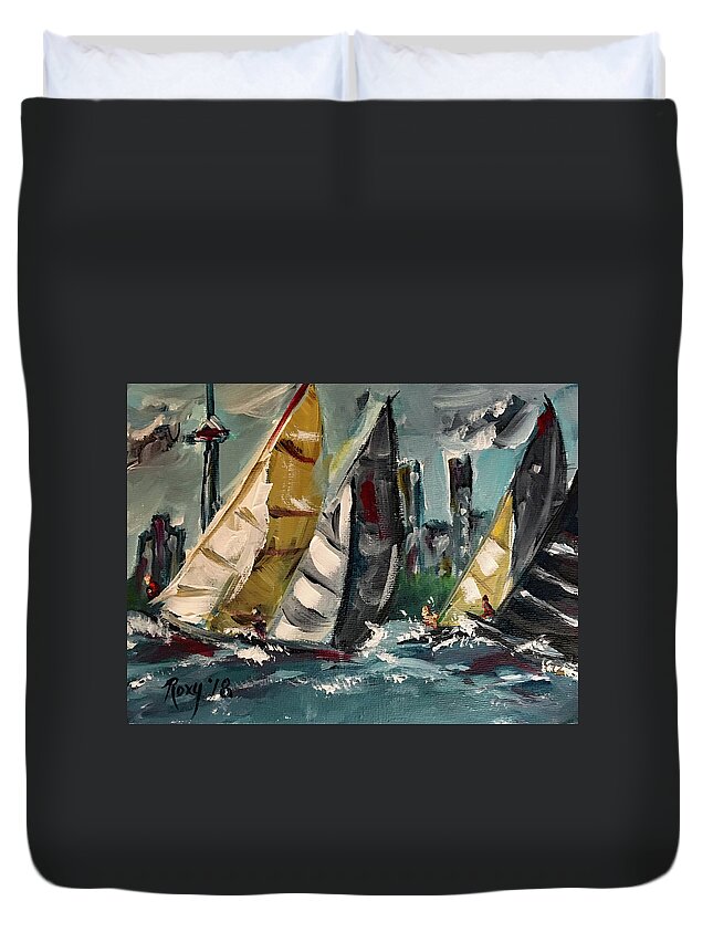 Harbor Duvet Cover featuring the painting Racing Day #1 by Roxy Rich