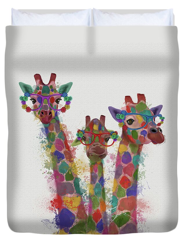 Steampunk Duvet Cover featuring the painting Rainbow Splash Giraffe Trio by Fab Funky