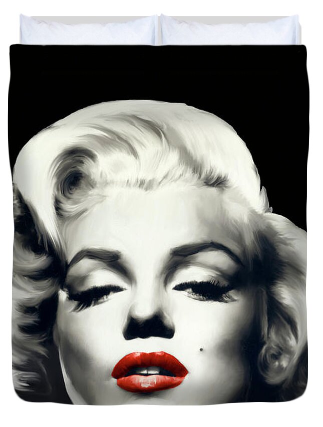 Fashion Duvet Cover featuring the painting Red Lips Marilyn In Black #1 by Chris Consani