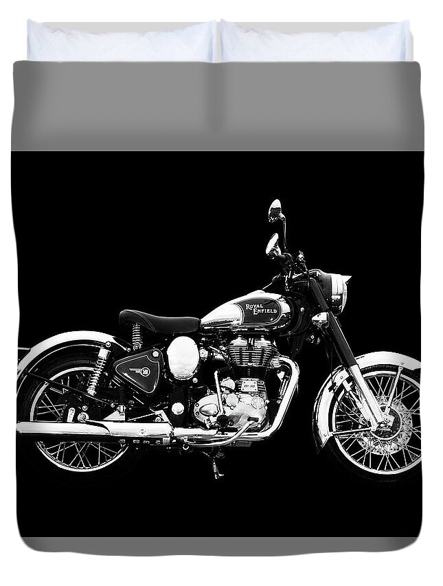 Royal Enfield Duvet Cover featuring the mixed media Royal Enfield Classic Chrome by Smart Aviation