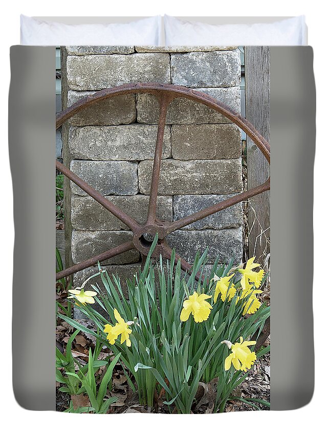 Daffodils Duvet Cover featuring the photograph Rustic Garden Spot Wide by Ann Horn