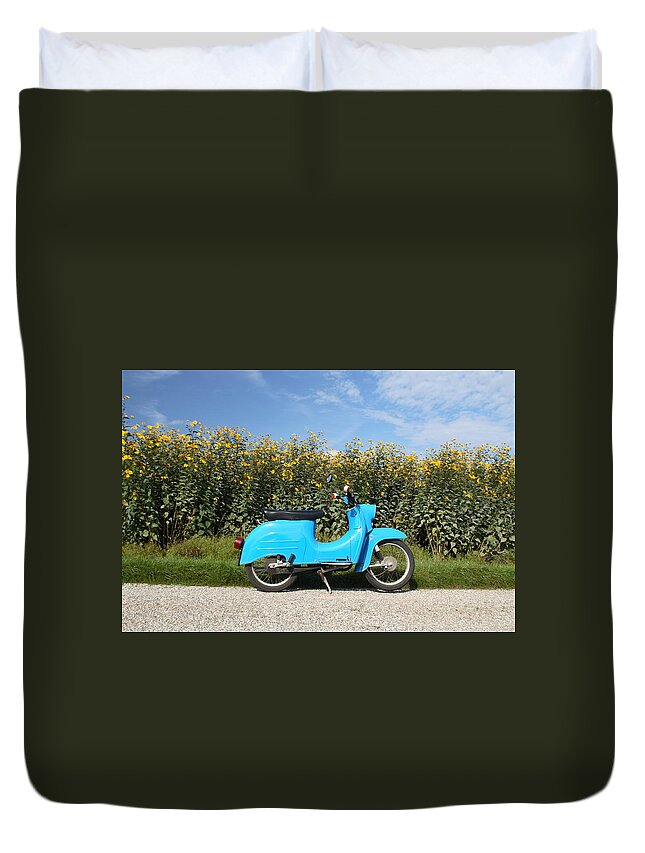 Non-urban Scene Duvet Cover featuring the photograph Scooter From 1973 #1 by Pannonia