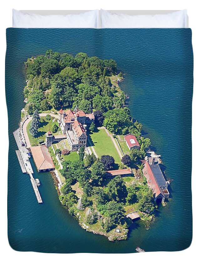 Aerial View Duvet Cover featuring the photograph Singer Castle on Dark Island in the St Lawrence River Thousand Islands #1 by Louise Heusinkveld