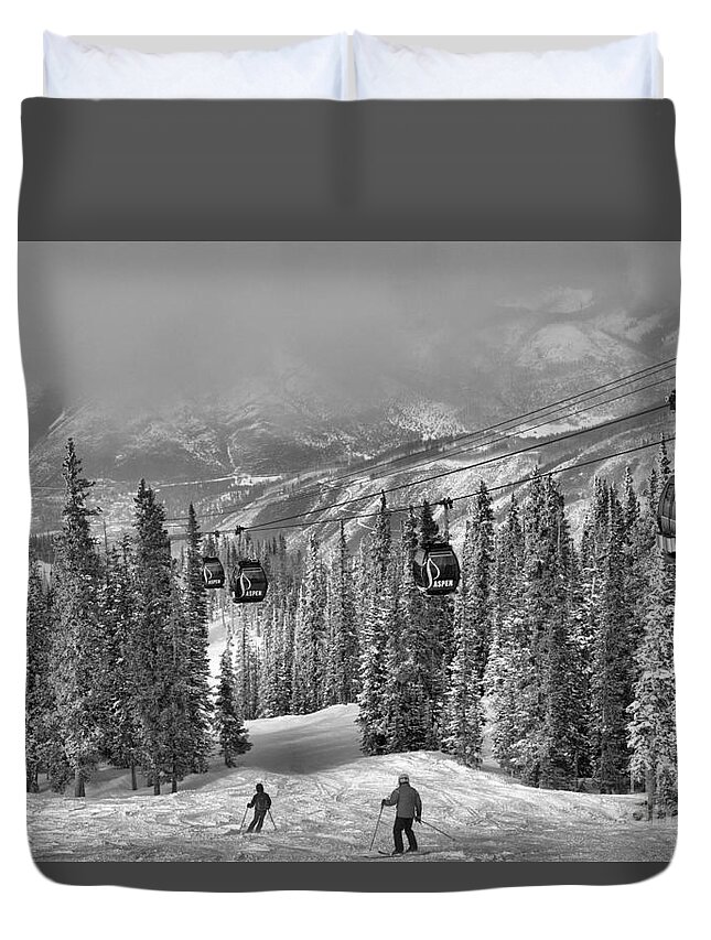 Aspen Gondola Duvet Cover featuring the photograph Skiers Under The Aspen Gondola #1 by Adam Jewell