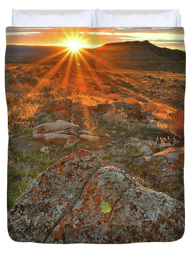 Book Cliffs Duvet Cover featuring the photograph Sunset Light on Book Cliff Boulders #1 by Ray Mathis