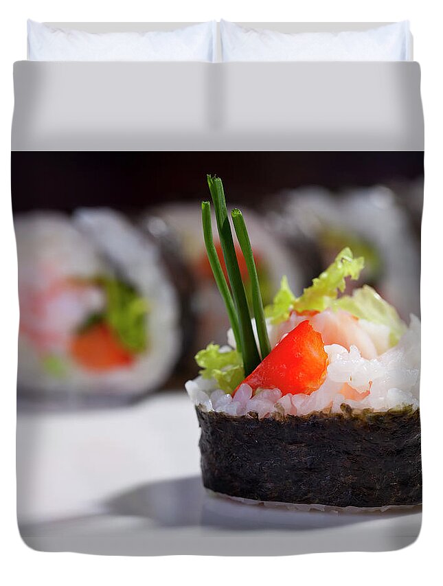 Asian And Indian Ethnicities Duvet Cover featuring the photograph Sushi #1 by Trutenka