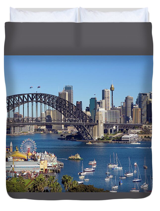 Clear Sky Duvet Cover featuring the photograph Sydney Harbour Bridge And Sydney Skyline #1 by Scott E Barbour