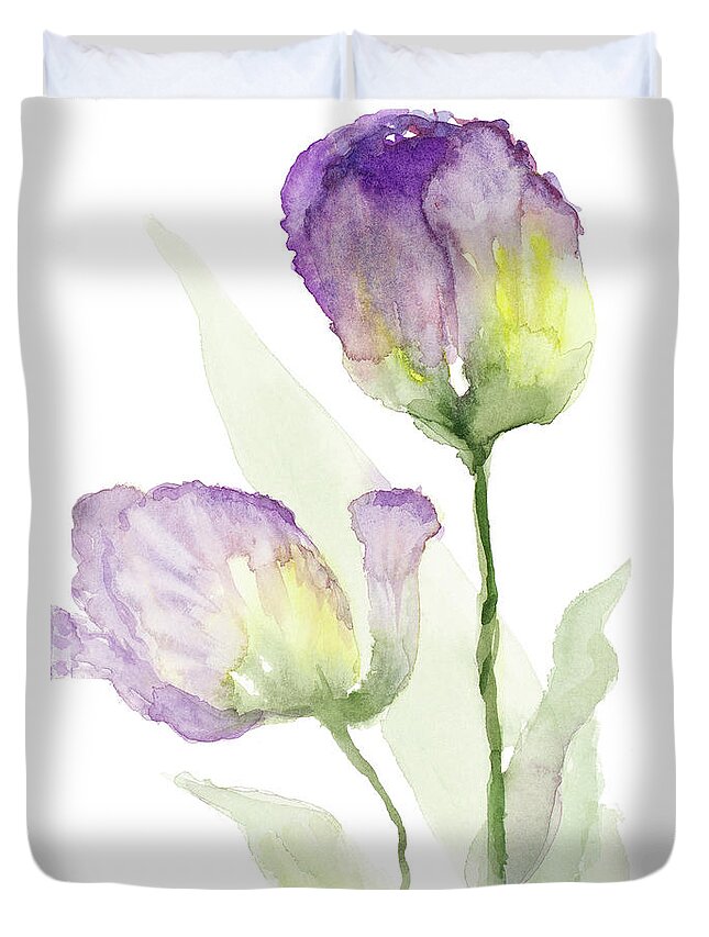 Teal Duvet Cover featuring the painting Teal And Lavender Tulips II by Lanie Loreth