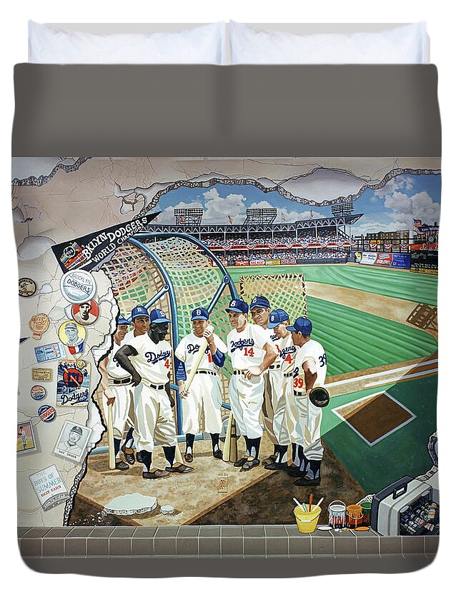 Baseball Duvet Cover featuring the painting The Brooklyn Dodgers in Ebbets Field #1 by Bonnie Siracusa