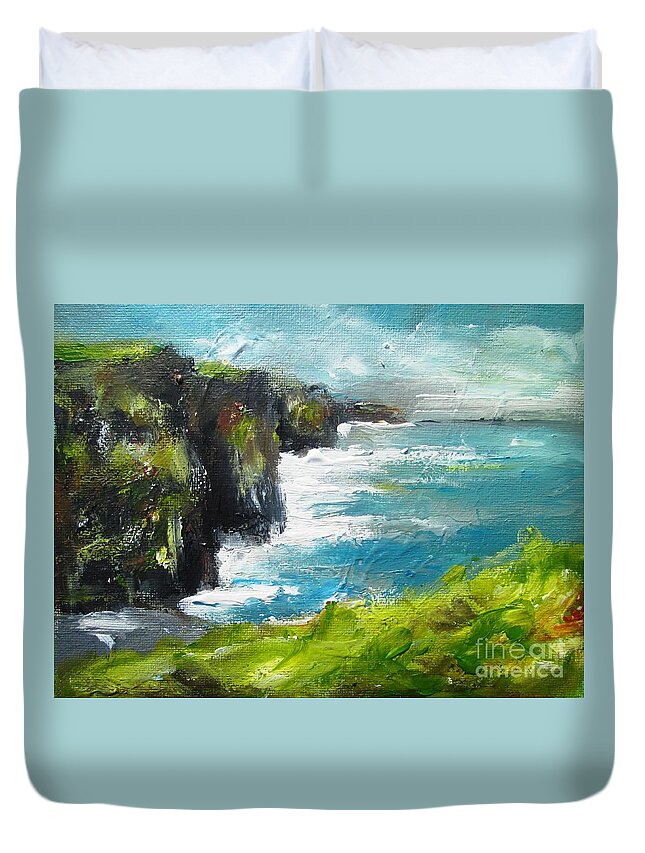 Moher Cliffs Duvet Cover featuring the painting Painting Of The Cliffs Of Moher County Clare Ireland by Mary Cahalan Lee - aka PIXI
