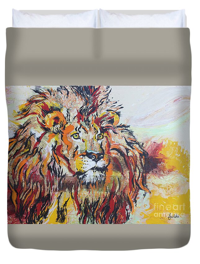 Lion Duvet Cover featuring the painting The King by Jyotika Shroff