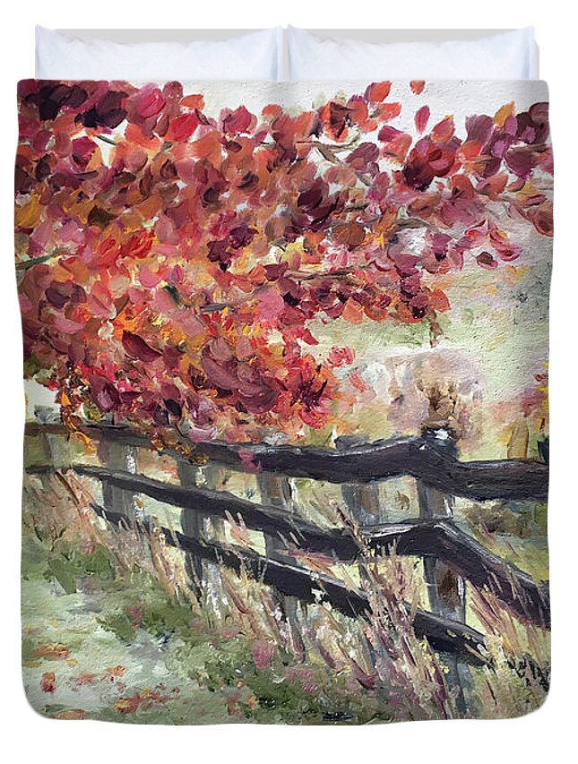 Fence Duvet Cover featuring the painting The Rickety Fence #2 by Roxy Rich