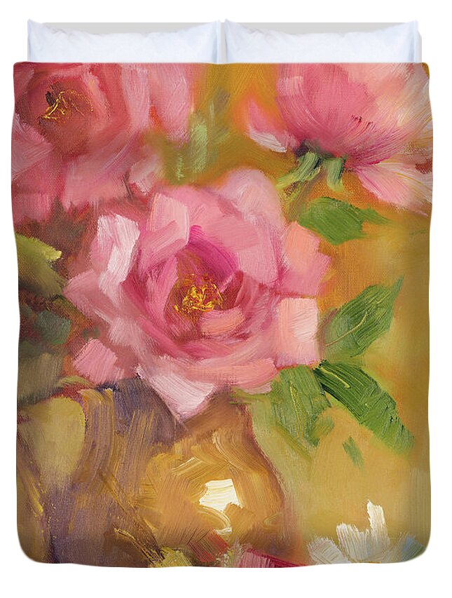 Three Duvet Cover featuring the painting Three Roses by Lanie Loreth