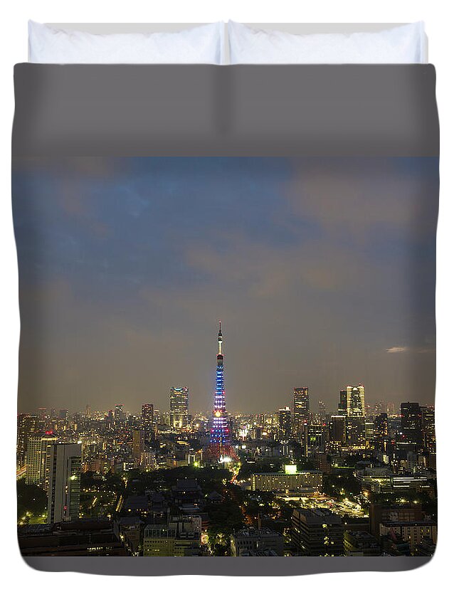 Tokyo Tower Duvet Cover featuring the photograph Tokyo Tower Doraemon Blue Special Light #1 by Photo By Yasa