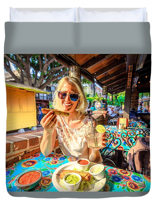Los Angeles Duvet Cover featuring the photograph Tourist woman at El Pueblo #1 by Benny Marty