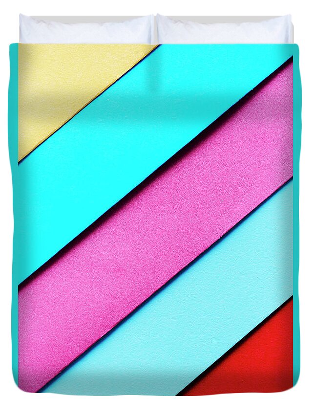 Pastel Duvet Cover featuring the photograph Trendy pastel colors in geometry shape flat lay. Colorful rainbo #1 by Jelena Jovanovic